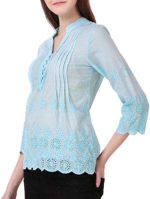 solid light blue embroidered top - 15021225 - Standard Image - 2