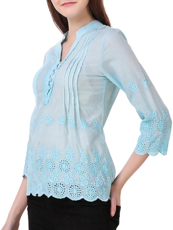 solid light blue embroidered top - 15021225 - Zoom Image - 2