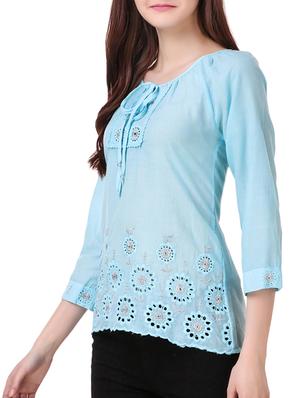 solid light blue embroidered top - 15021227 - Standard Image - 2