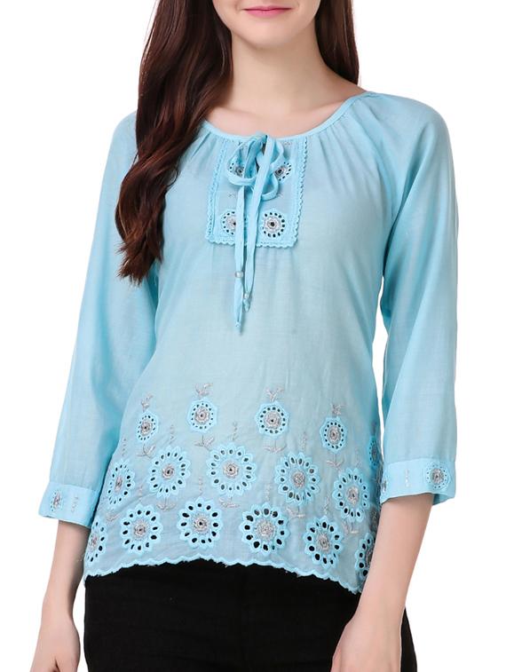 solid light blue embroidered top - 15021227 - Zoom Image - 1