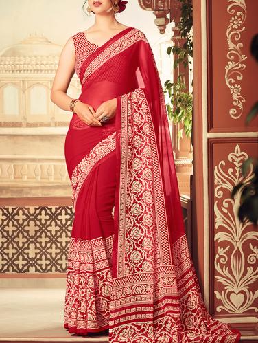 red georgette printed saree with blouse - 15021609 - Very Small Image - 1