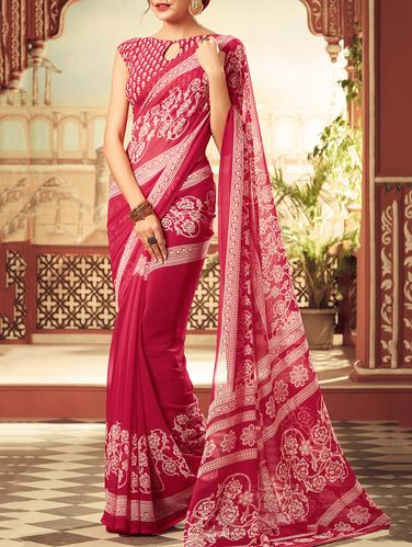 pink georgette printed saree with blouse - 15021613 - Very Small Image - 1