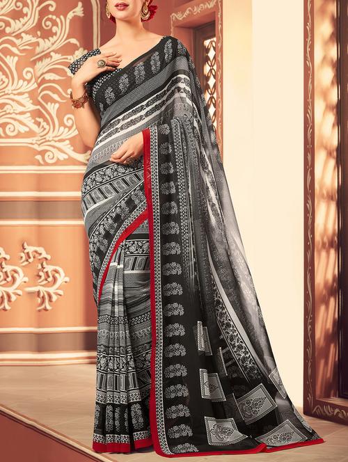 black georgette printed saree with blouse - 15021628 - Very Small Image - 1
