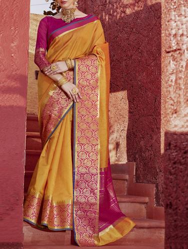 yellow cotton silk bordered saree with blouse - 15021633 - Very Small Image - 1