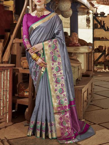 grey cotton silk bordered saree with blouse - 15021634 - Very Small Image - 1