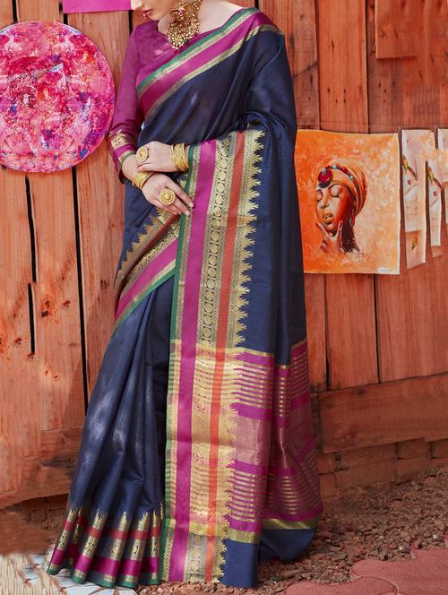 blue cotton silk bordered saree with blouse - 15021635 - Very Small Image - 1