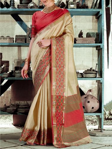 Contrast bordered saree with blouse - 15021637 - Very Small Image - 1