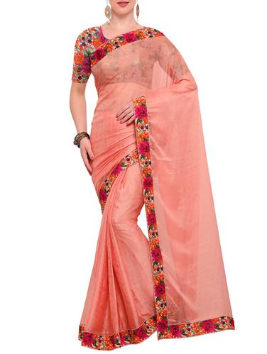 peach georgette bordered saree with blouse - 15021752 - Very Small Image - 1