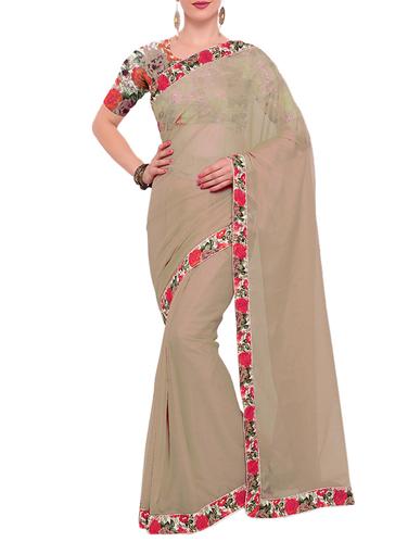beige georgette bordered saree with blouse - 15021754 - Very Small Image - 1
