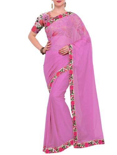 pink georgette bordered saree with blouse - 15021756 - Very Small Image - 1