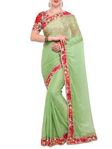 green georgette bordered saree with blouse - 15021757 - Very Small Image - 1
