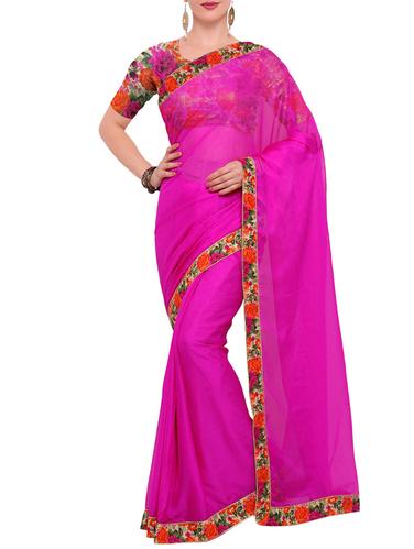 pink georgette bordered saree with blouse - 15021758 - Very Small Image - 1