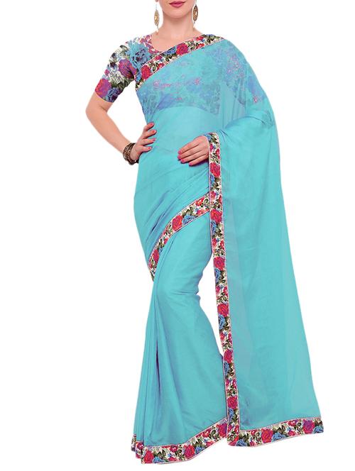 sky blue georgette bordered saree with blouse - 15021760 - Standard Image - 1