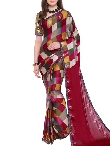 red chiffon printed saree with blouse - 15021761 - Very Small Image - 1