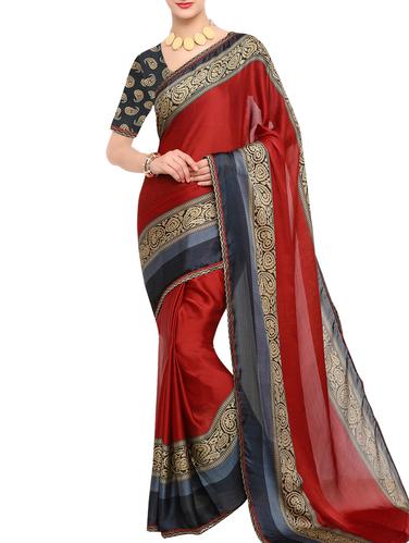 red chiffon bordered saree with blouse - 15021762 - Very Small Image - 1