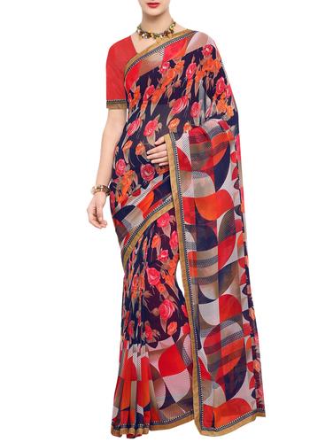 Blue printed saree with blouse - 15021770 - Very Small Image - 1