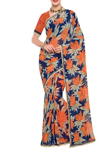 blue georgette printed saree with blouse - 15021771 - Very Small Image - 1