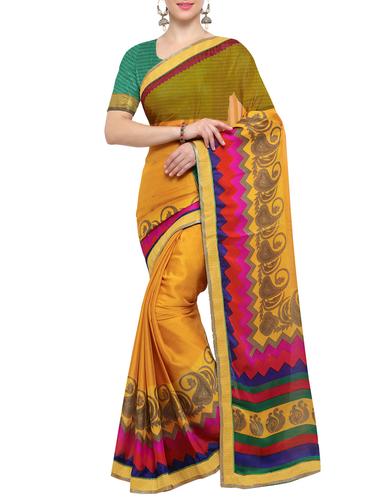 yellow georgette printed saree with blouse - 15021772 - Very Small Image - 1