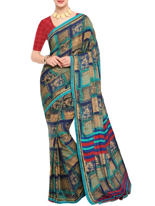 blue printed saree with blouse - 15021775 - Standard Image - 1