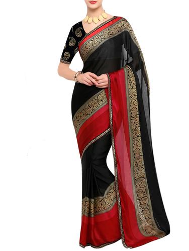black chiffon printed saree with blouse - 15021783 - Very Small Image - 1