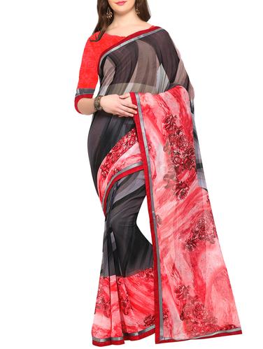 grey georgette printed saree with blouse - 15021784 - Very Small Image - 1