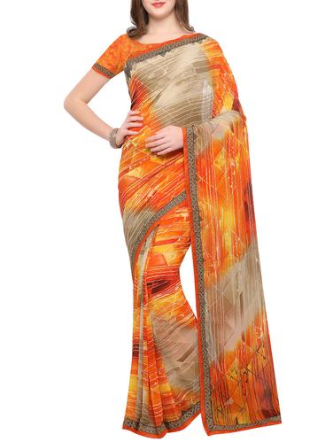 orange georgette printed saree with blouse - 15021785 - Very Small Image - 1