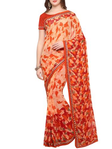orange georgette printed saree with blouse - 15021786 - Very Small Image - 1