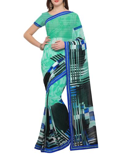 turquoise georgette printed saree with blouse - 15021794 - Very Small Image - 1
