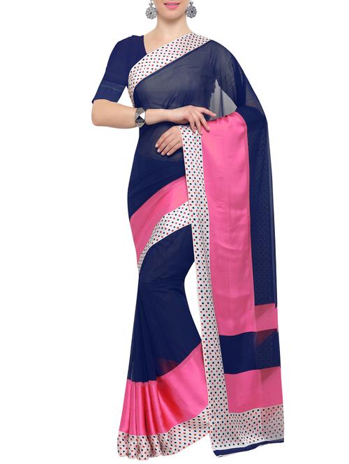 blue georgette bordered saree with blouse - 15021796 - Very Small Image - 1