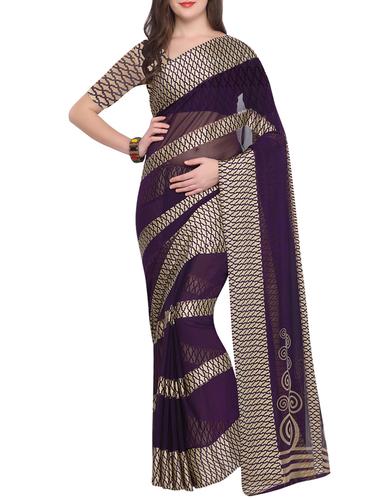 purple printed saree with blouse - 15021798 - Very Small Image - 1