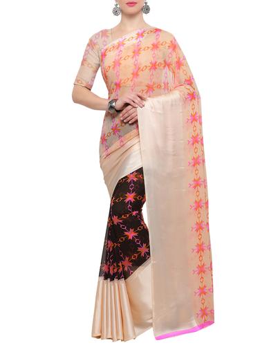 Beige printed saree with blouse - 15021802 - Very Small Image - 1