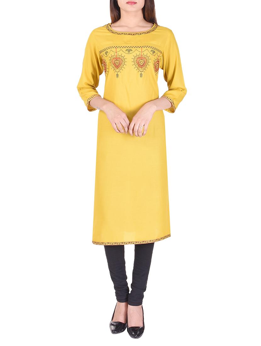 yellow rayon straight kurta - 15021836 - Zoom Image - 1