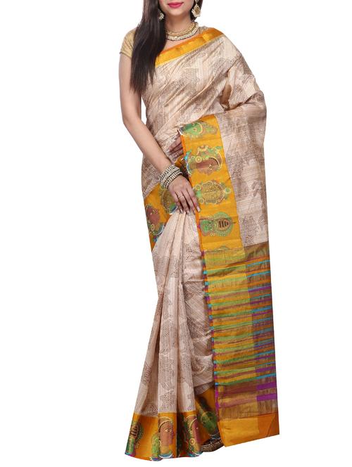 beige silk woven saree with blouse - 15021849 - Very Small Image - 1