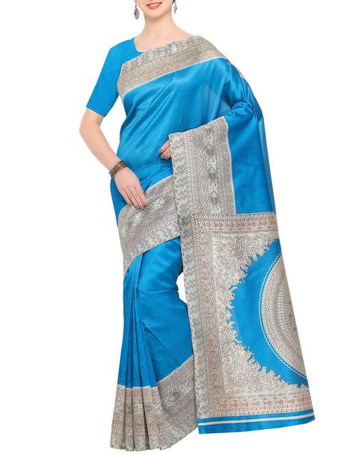 sky blue raw silk printed saree with blouse - 15022685 - Standard Image - 1