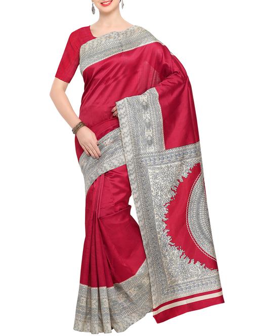 red raw silk printed saree with blouse - 15022686 - Standard Image - 1