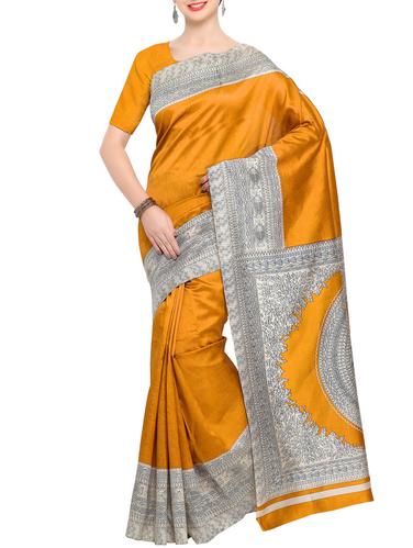 yellow raw silk printed saree with blouse - 15022689 - Very Small Image - 1