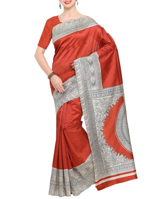 brown raw silk printed saree with blouse - 15022690 - Standard Image - 1