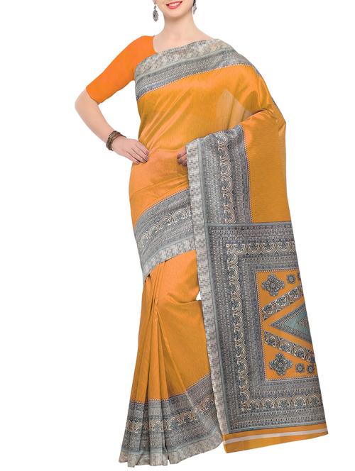 yellow raw silk printed saree with blouse - 15022692 - Standard Image - 1