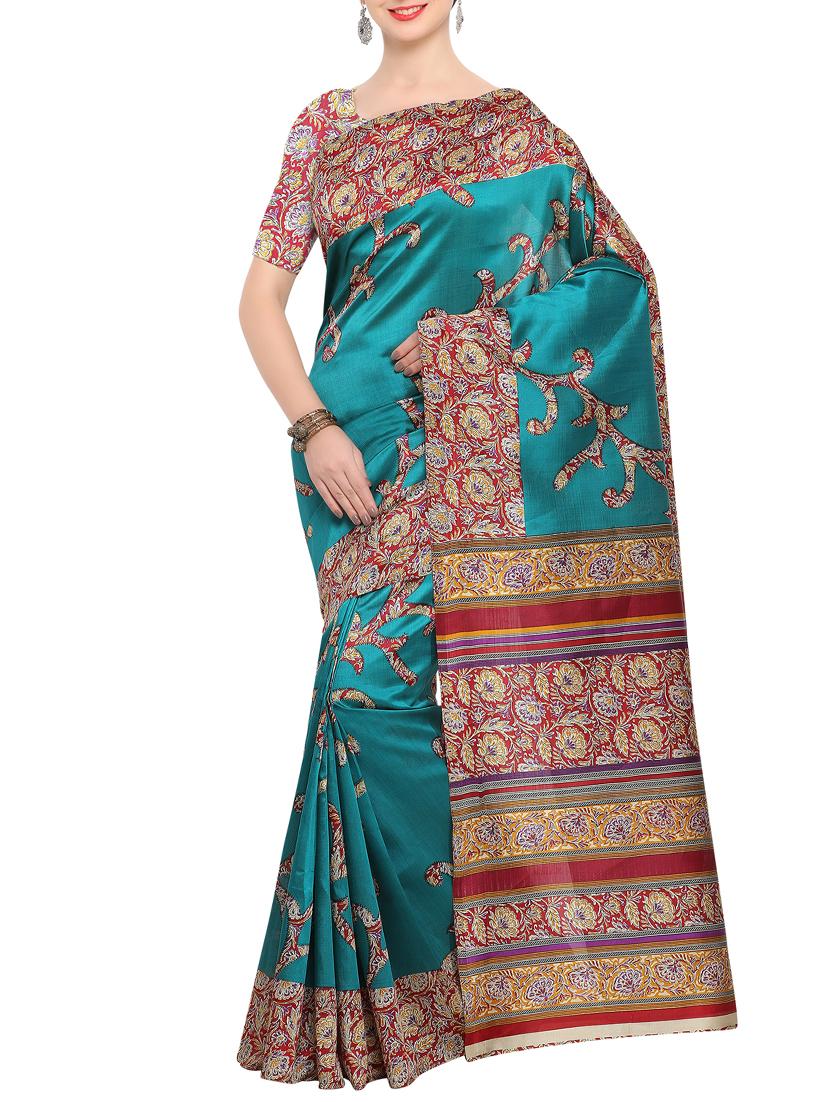 turquoise raw silk printed saree with blouse - 15022697 - Zoom Image - 1