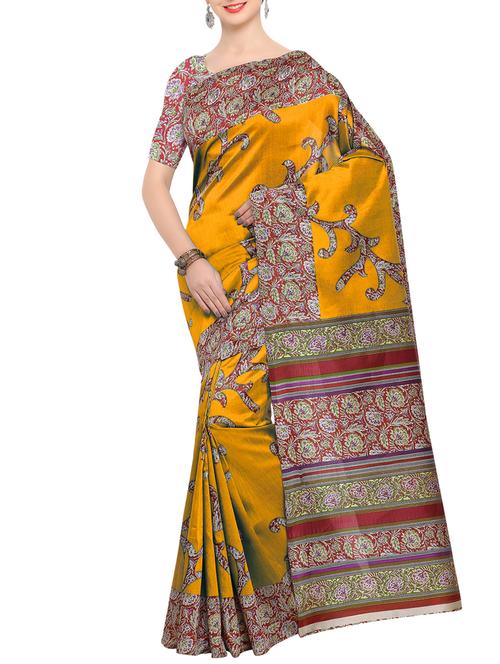 yellow raw silk printed saree with blouse - 15022698 - Standard Image - 1