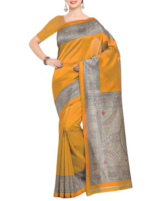 yellow raw silk printed saree with blouse - 15022703 - Standard Image - 1
