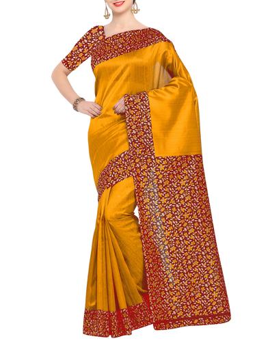 yellow raw silk printed saree with blouse - 15022706 - Very Small Image - 1