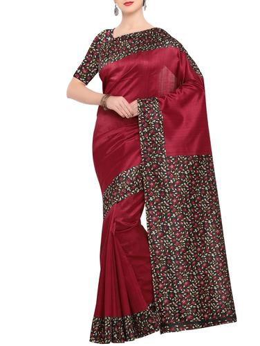 maroon raw silk printed saree with blouse - 15022707 - Very Small Image - 1