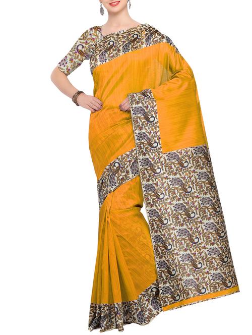 yellow raw silk printed saree with blouse - 15022710 - Standard Image - 1