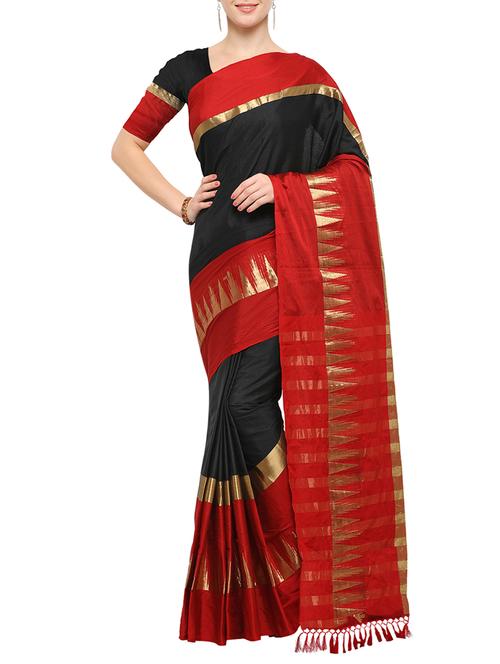 black cotton blend Maheshwari saree with blouse - 15023127 - Standard Image - 1