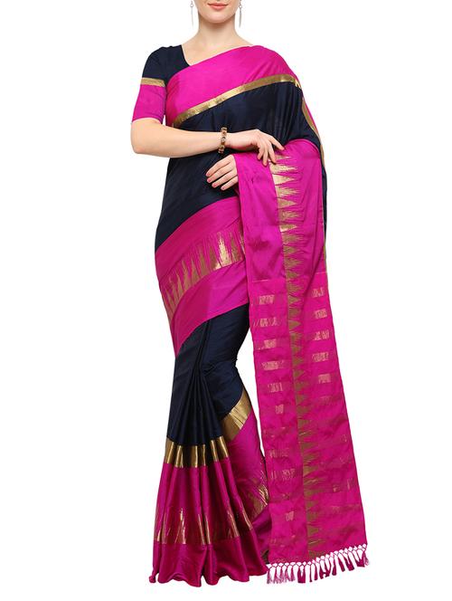 navy blue cotton blend Maheshwari saree with blouse - 15023128 - Standard Image - 1