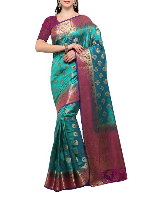turquoise banarasi silk saree with blouse - 15023140 - Standard Image - 1