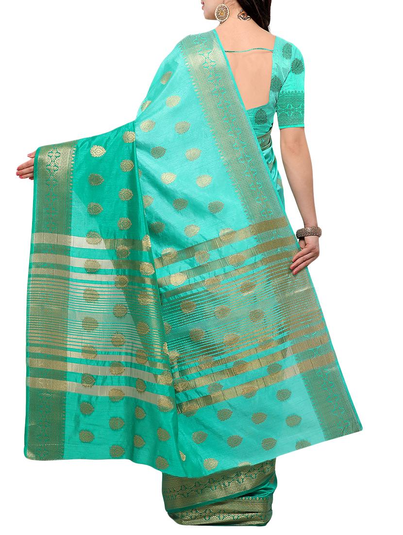 turquoise banarasi silk saree with blouse - 15023144 - Zoom Image - 2