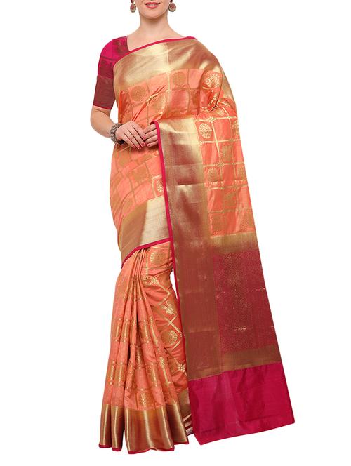 peach banarasi silk saree with blouse - 15023159 - Very Small Image - 1