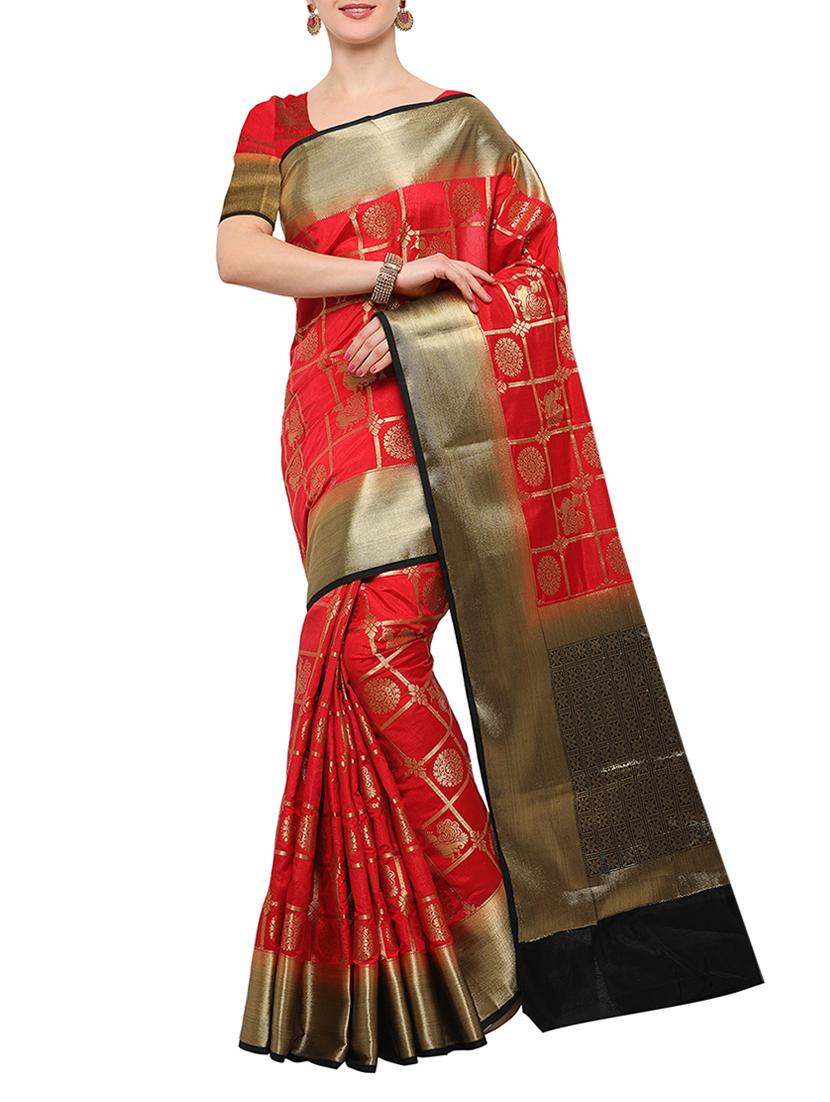 red banarasi silk saree with blouse - 15023160 - Zoom Image - 1